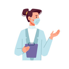 Scientist or doctor from hospital or clinics wearing protective facial mask and holding documents with results of analysis. Vector in flat cartoon style