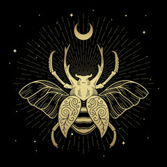 Gold scarab bug symbol spreading wings decorated with crescent moon