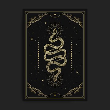 Gold colored magical twin snakes with hand drawn style