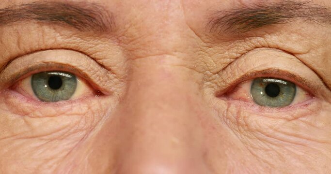 Portrait eyes of shocked senior man scared, alert and afraid of retirement, old age and death. Face zoom, green eye vision and wow as retired elderly person watch with surprise, fear or amazed