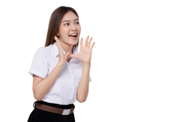 Teen student girl of Asian ethnicity in university uniform open mouths raising hands screaming announcement. PNG file transparent background.