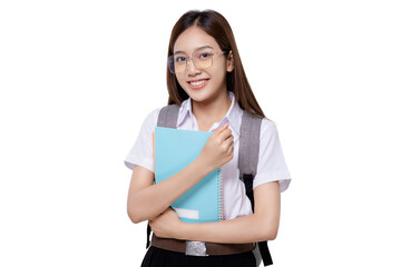 Portrait smiling of teen student girl of Asian ethnicity in university uniform hold backpack. PNG file transparent background. - obrazy, fototapety, plakaty