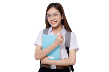 Portrait smiling of teen student girl of Asian ethnicity in university uniform hold backpack. PNG file transparent background.