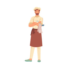 Professional cook, chef in restaurant or cafe. Isolated man wearing uniform. Specialist in baking and preparing food. Personage or character, vector in flat cartoon style