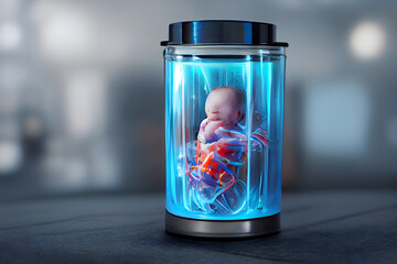 human baby embyo inside blue incubator breeding tank, ectogenesis concept, neural network generated art
