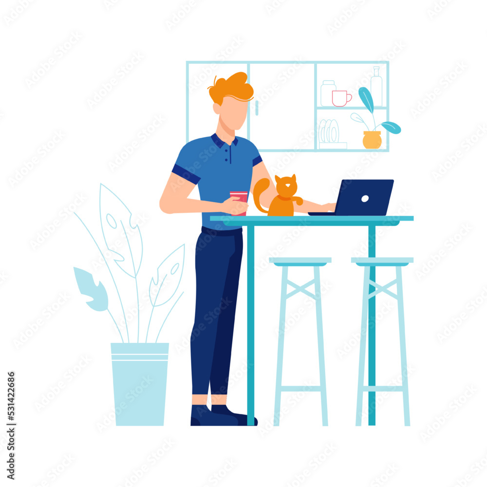 Aufkleber freelancer or distant worker working by computer or laptop from home. man with cup of coffee looking