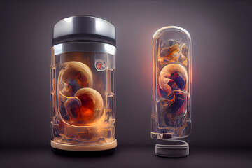 human baby embyo inside incubator breeding tank on gray background, ectogenesis concept, neural network generated art - obrazy, fototapety, plakaty