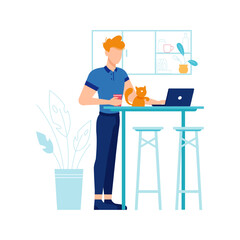 Freelancer or distant worker working by computer or laptop from home. Man with cup of coffee looking at screen. Personage or character, vector in flat cartoon style