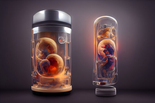 human baby embyo inside incubator breeding tank on gray background, ectogenesis concept, neural network generated art
