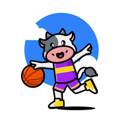 Happy cute cow playing basketball