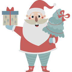 Cute Santa Claus with gift and Christmas tree