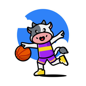 Happy cute cow playing basketball