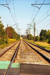 Fototapeta na wymiar Old rusty train metal rails with blue sky and green trees