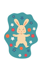 A cute funny rabbit enjoys the spring, lies with his arms outstretched in a meadow with flowers. Satisfied face. Spring vector illustration. 2023 new year of the rabbit
