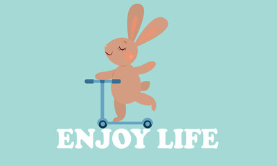 Cute funny rabbit rides a scooter. The inscription "Enjoy life". Kawaii animal. Vector spring, summer illustration. 2023 new year