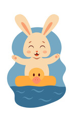 A cute kawaii rabbit swims in the sea or ocean with an inflatable circle in the form of a duckling and rejoices. Vector summer illustration.	