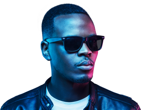Neon studio portrait of african american male model wearing trendy sunglasses and leather jacket
