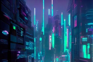 Cyberpunk Industrial Abstract Future Cityscape. Urban Futuristic concept. Blue pink violet Evening urban landscape. 3D illustration.