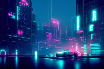 Cyberpunk Industrial Abstract Future Cityscape. Urban Futuristic concept. Blue pink violet Evening urban landscape. 3D illustration.