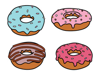 colorful donuts collection. Doodle sketch style.