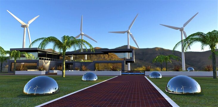 Modern silent low-vibration wind turbines provide the energy independence of a luxurious country villa located on a mountain plateau. 3d render.