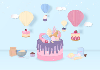 Pastel cake and dessert with balloons