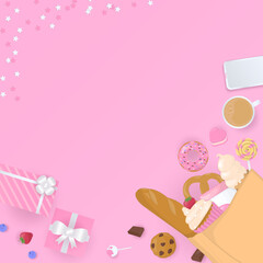 Bakery in paper bag on pink background with copy space