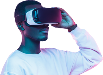 African american man in vr glasses, watching video in metaverse with virtual reality headset