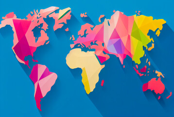 Colorful world map made of straight lines and colored areas, sky blue background with relief shadows