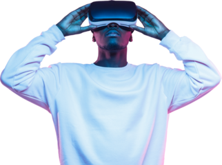Metaverse portrait of young african man holding virtual headset with both hands