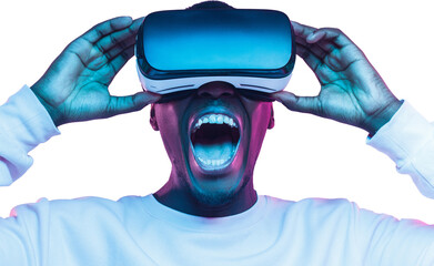 Excited shocked african man watching movie though VR glasses, scared by metaverse experience
