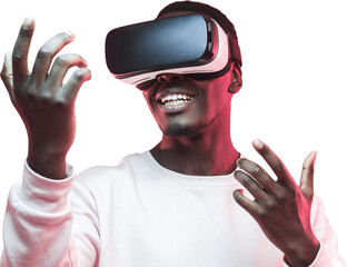 Amazed by metavrse excited young african american man, wearing high tech smart vr goggles