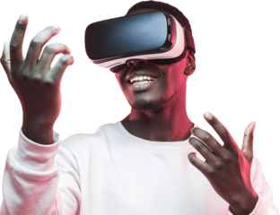 Amazed by metavrse excited young african american man, wearing high tech smart vr goggles