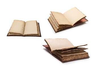 An open empty old notebook isolated on a white background.