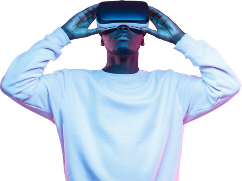 Metaverse portrait of young african man holding virtual headset with both hands