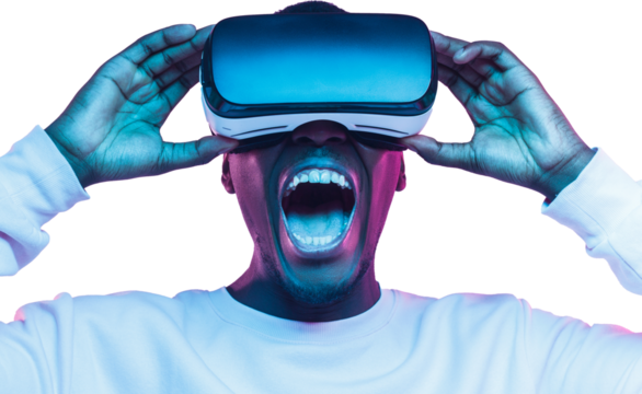 Excited shocked african man watching movie though VR glasses, scared by metaverse experience - Powered by Adobe
