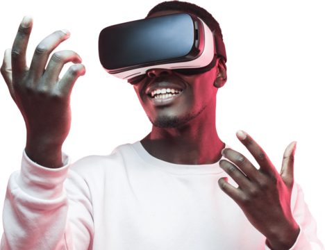Amazed by metavrse excited young african american man, wearing high tech smart vr goggles - Powered by Adobe
