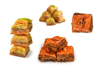Pistachio baklava on a white background. Dessert.
