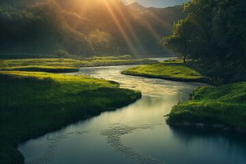3d illustration of river with flow hi grass sun rays coming down