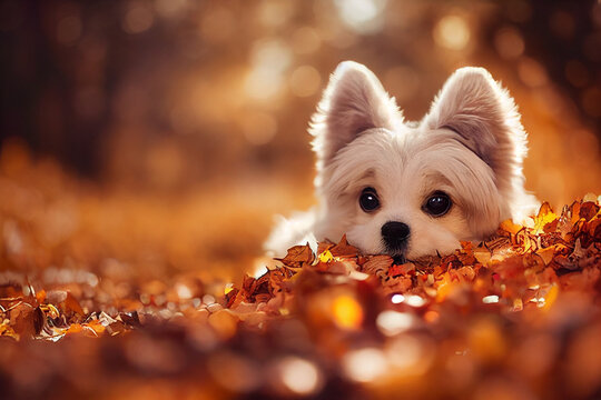 3d Illustration Of Tiny Cute Adorable Fluffy Dog Laying In A Pile Of Leaves