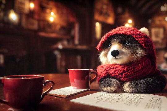 3d illustration of Tiny cute adorable fluffy racoon with knitted red scarf