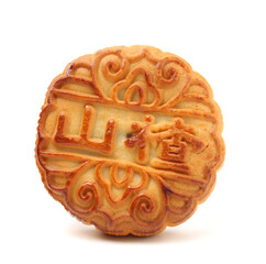 Mid-Autumn Festival moon cake on white background（Non-English texts translation :hawthorn）