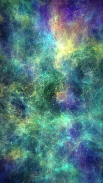 Space nebula. Looping fly-through cosmic gas and stars. Colorful evolving flow. Cosmic abstract deep space background. Vertical format.