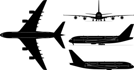 Set of four passenger jetliner illustrations (Airbus A380) isolated on transparent background.	 - obrazy, fototapety, plakaty