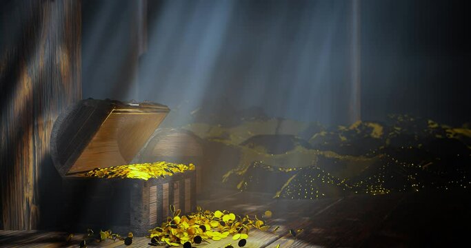 A pile of treasures and gold coins overflowed from the treasure chest. Storage facility or treasury room lots of gold coins Complex stacks. 3d rendering
