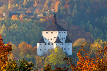 The New Castle in Banska Stiavnica at sunrise in an autumn season, Slovakia, Europe.