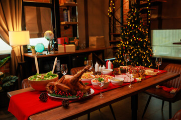 A christmas turkey dinner ready to be eaten on the table