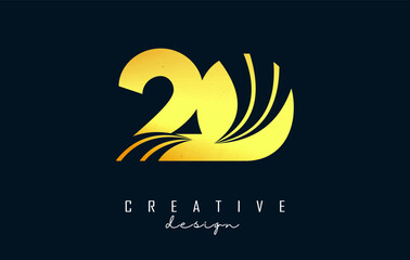Obraz premium Golden Creative number 20 2 0 logo with leading lines and road concept design. Number with geometric design.