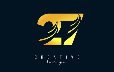 Golden Creative number 27 2 7 logo with leading lines and road concept design. Number with geometric design.