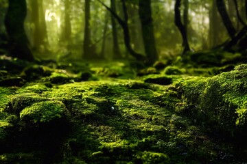 Fototapeta premium A computer generated illustration of lush green moss on a forest floor with rocks and trees. A.I. generated art.